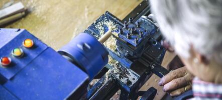 Top view of wooden lathe in carpentry photo