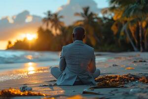 Man in suit sits on beach sand, back turned, facing palm-lined coast photo