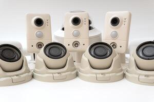 Set of modern public CCTV camera isolated on white background. Intelligent recording cameras for monitoring all day and night. Concept of surveillance and monitoring photo