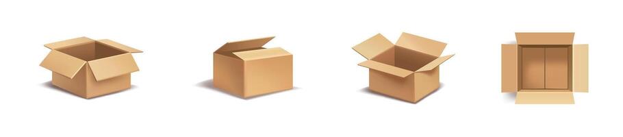 Cardboard box opened in different angles illustration collection. Multiple perspective packaging vector