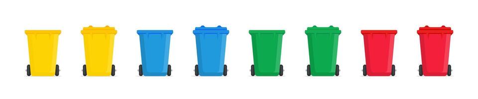 Trash cans on wheels in different colors, yellow, blue, green and red illustrations. Colorful rolling trash bins for waste sorting vector