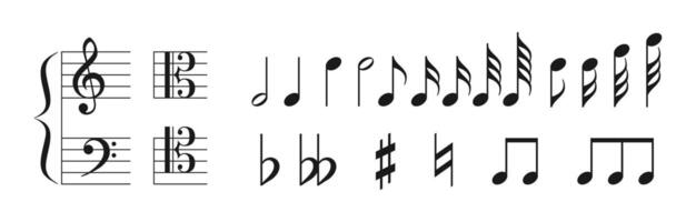 Musical notes flat symbols set. Music notation black icon collection vector