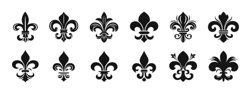 Fleur de lis flat icon collection. Classic heraldic symbol set.