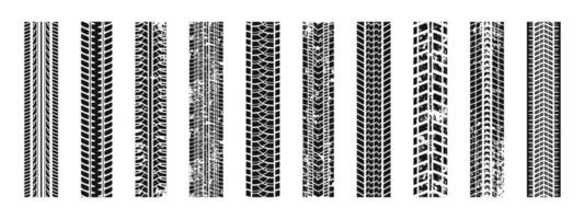 Car tire path marks grungy collection. Grunge tire track patterns set vector