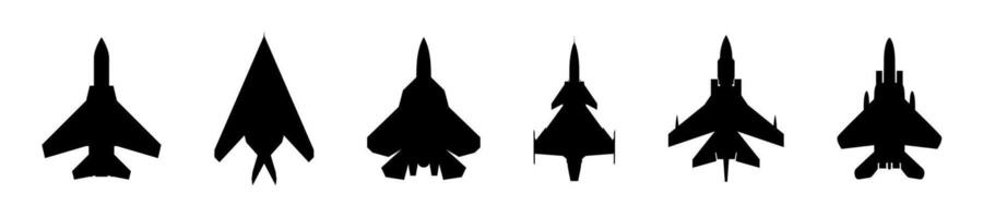 Fighter jet vertical silhouette collection. Warplane aircraft top view shapes vector