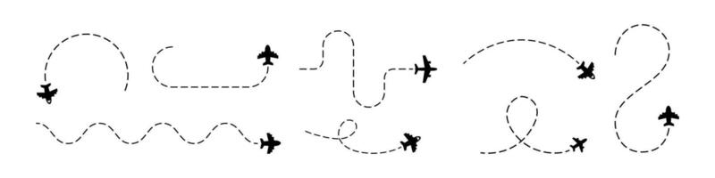 Plane flying path line icon set. Aircraft flight paths and routes collection vector