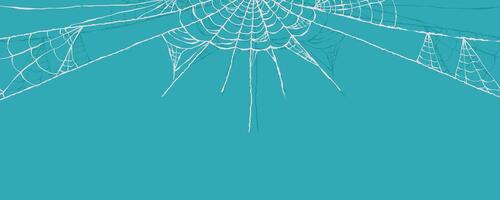 Halloween Blue Banner with Minimal Spider Web Frame in Hand Drawn Style. Doodle arachnid web perfect for cards, party invitations, web vector