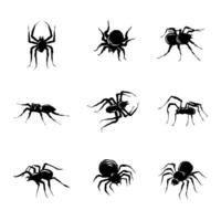 Halloween Collection of Black Spiders in Hand Drawn Style Isolated on White background. Doodle arachnid web perfect for cards, party invitations, web vector
