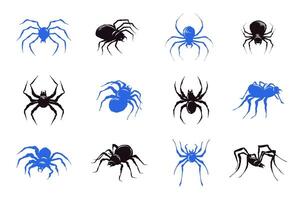 Halloween Collection of Black and Blue Spiders with Grunge Texture in Hand Drawn Style. Doodle arachnid web perfect for cards, party invitations, web vector