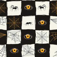 Spooky Seamless Halloween Pattern with Spider Web and Eyes in Hand Drawn Style. Doodle arachnid web perfect for cards, party invitations, web, fashion, print vector