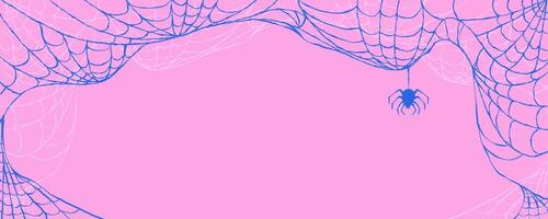 Halloween Banner with Grunge Spider Web Frame in Hand Drawn Style isolated on Pink Background. Doodle arachnid web perfect for cards, party invitations, web vector
