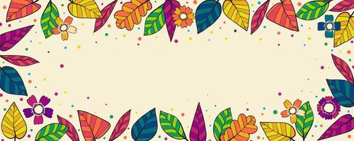Retro Multicolored Leaves Background Frame. Doodle quirky summer and fall banner with leaves. Colorful backdrop perfect for fashion, clothing, cards, invitations, wrapping paper vector