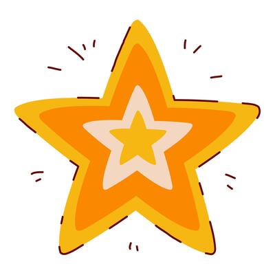 Multicolored Star Symbol in Hand Drawn Style with Subtle Line Decorations. Golden Christmas star shape isolated on white background. Cute doodle icon perfect for cards, banners, Holiday events