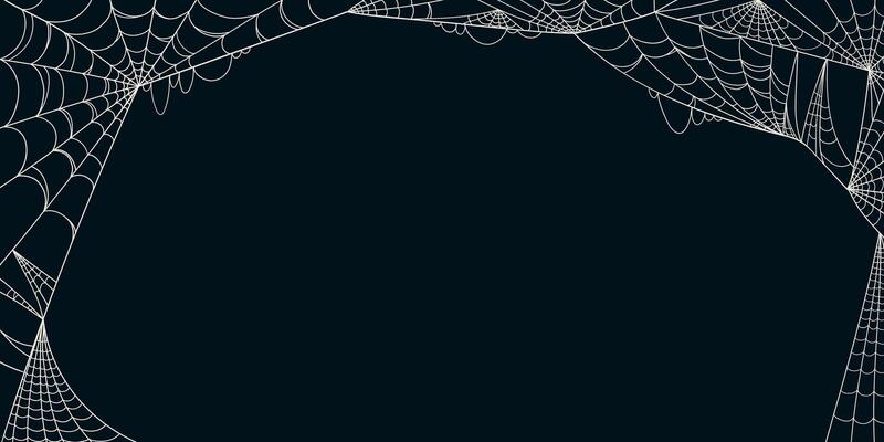 Halloween Banner with Scary Spider Web Frame in Hand Drawn Style Isolated on Black Background. Doodle arachnid web perfect for cards, party invitations, web
