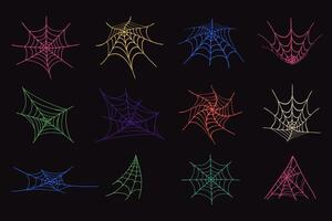 Halloween Set of Colorful Spider Webs in Outline Hand Drawn Style. Doodle arachnid web perfect for cards, party invitations, web vector
