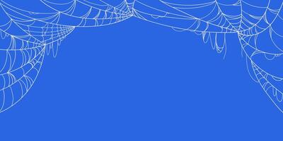 Halloween Banner with White Spider Web Frame in Hand Drawn Style Isolated on Blue Background. Doodle arachnid web perfect for cards, party invitations, web vector