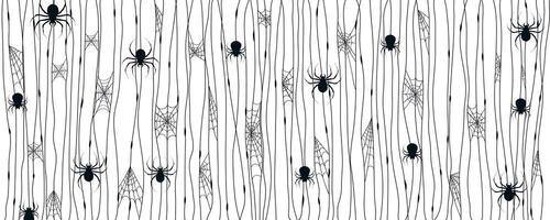 Halloween Background with Spider Web in Hand Drawn Style. Creepy doodle banner with arachnids dangling from threads perfect for cards, party invitations, web, fashion, print vector