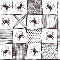 Seamless Halloween Pattern with Spiders in Hand Drawn Style and Abstract Lines. Doodle arachnid web perfect for cards, party invitations, web, fashion, print. vector