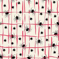Seamless Halloween Pattern with Spiders and Red Lines in Hand Drawn Style. Doodle arachnid web perfect for cards, party invitations, web, fashion, print vector