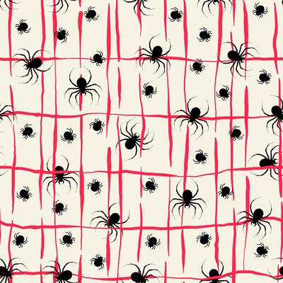 Seamless Halloween Pattern with Spiders and Red Lines in Hand Drawn Style. Doodle arachnid web perfect for cards, party invitations, web, fashion, print