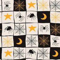 Seamless Halloween Pattern with Spider Web, Stars and Moon in Hand Drawn Style. Doodle arachnid web perfect for cards, party invitations, web, fashion, print vector