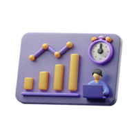 A purple business card with a man sitting at a desk with a clock and bar graph png