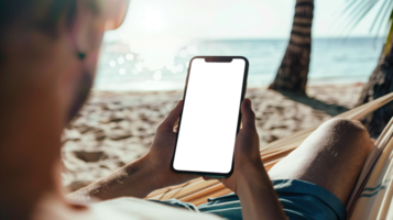 Man Relaxing in Hammock with Phone on Beach png