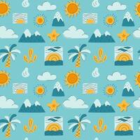 A blue and yellow pattern of mountains, suns, and cloud vector