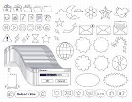 Set of retro computer ui nostalgic elements and stickers. Old PC 90s user interface icons with an outline. Frozen window, loading, buttons, folders, arrow. Outline Y2K icons. illustration. vector