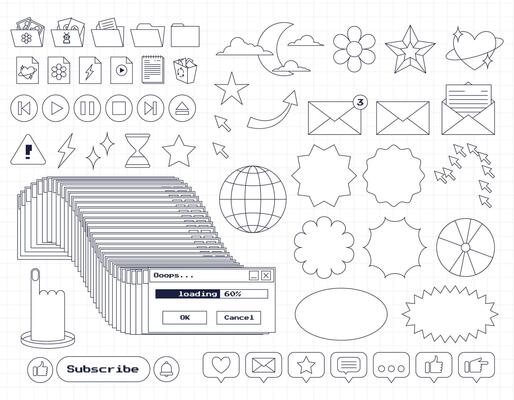 Set of retro computer ui nostalgic elements and stickers. Old PC 90s user interface icons with an outline. Frozen window, loading, buttons, folders, arrow. Outline Y2K icons. illustration.