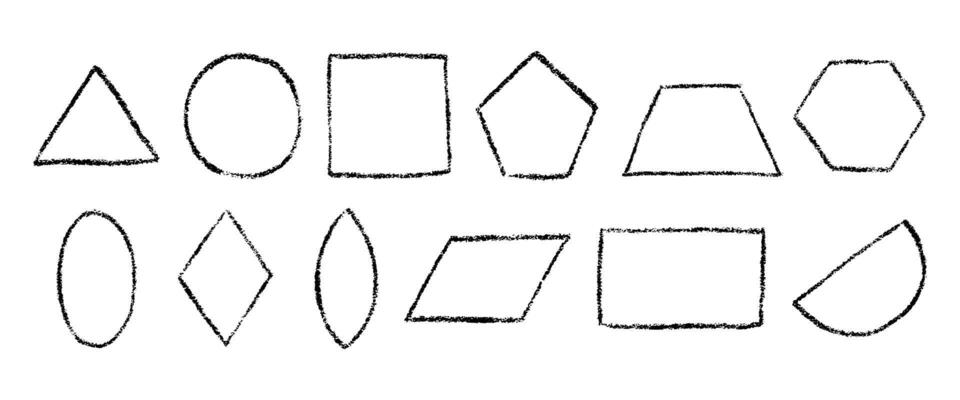 Pastel kids geometric shapes with crayon brush texture. Black pencil hand drawn figures. Circle, triangle, square, trapezoid, rhombus and other. Outline illustration isolated on white.