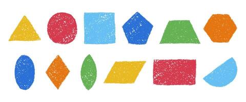 Set of colorful geometric figures in hand drawn childish style. Charcoal or crayon textured shapes. illustration isolated on a white background. vector