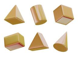 3D realistic render gold figures. Yellow metallic design objects. decorative geometric shapes. Cube, cone, cylinder. Isolated on a white background. vector