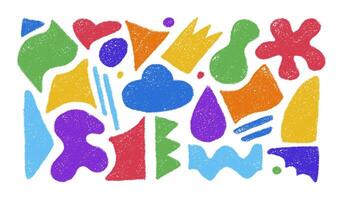 Set of abstract organic shapes and forms hand drawn with colored pencils. Crayon brush texture. Modern kids design elements. illustration isolated on a white background. vector