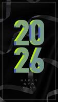 Vertical card with the green and blue metallic numbers 2026 and a serpentine on a dark background of black fabric. Modern design for New Year and Christmas cards, banners, invitations. 3D vector