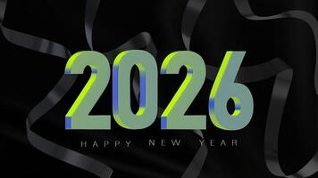 Happy New Year 2026 banner with the green and blue metallic numbers and a dark serpentine on a background of black fabric. Modern design for New Year and Christmas banners, invitations. 3D vector