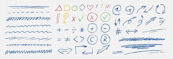 Color brush strokes set. Careless or casual writing with ink pen or crayon. Wavy lines, symbols, cross, checkmark, question mark, basic geometric figures. Calligraphy smears. illustrations vector