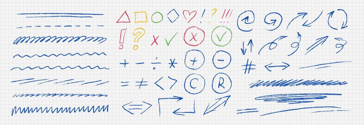 Color brush strokes set. Careless or casual writing with ink pen or crayon. Wavy lines, symbols, cross, checkmark, question mark, basic geometric figures. Calligraphy smears. illustrations