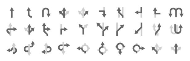 Road crossings, circles and turns icon set. Road layouts with intersections and curves vector