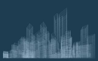 3D wireframe perspective of building. Abstract wireframe city background vector