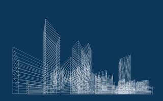 3D wireframe perspective of building. Abstract wireframe city background. vector
