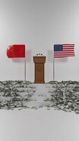 Vertical Animation of a Camera Moving Toward a Central Podium with US and China Flags Surrounded by Cash Mountains on a White Background video