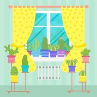 Cacti plants in pots on window, flat style vector