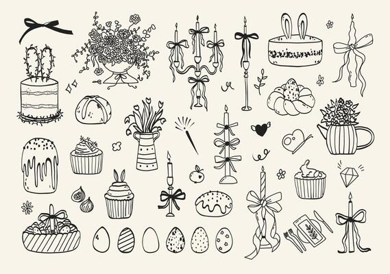 Set of happy Easter hand drawn line art icons. Spring holiday coquette whimsical doodle sketch outline illustration