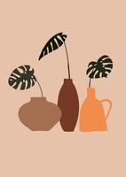 Abstract modern vase with tropical leaf on dark background print vector