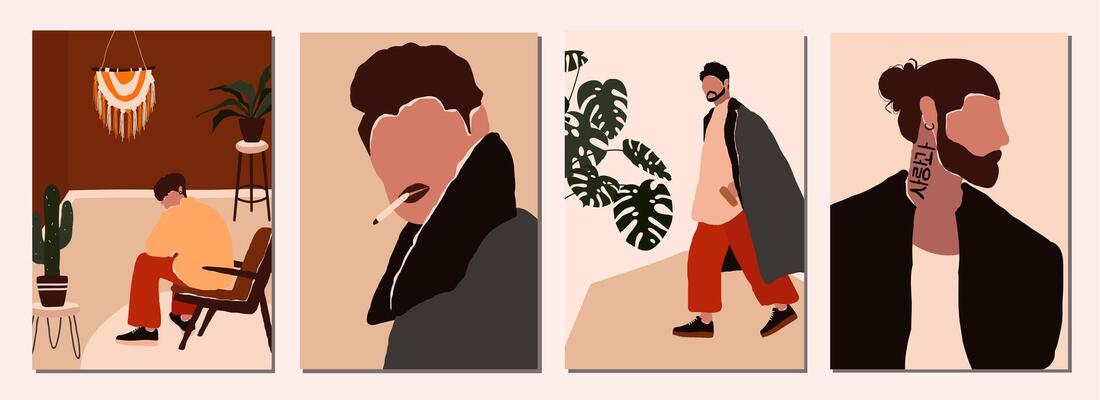 Set of abstract modern man people faces portraits artistic poster background templates