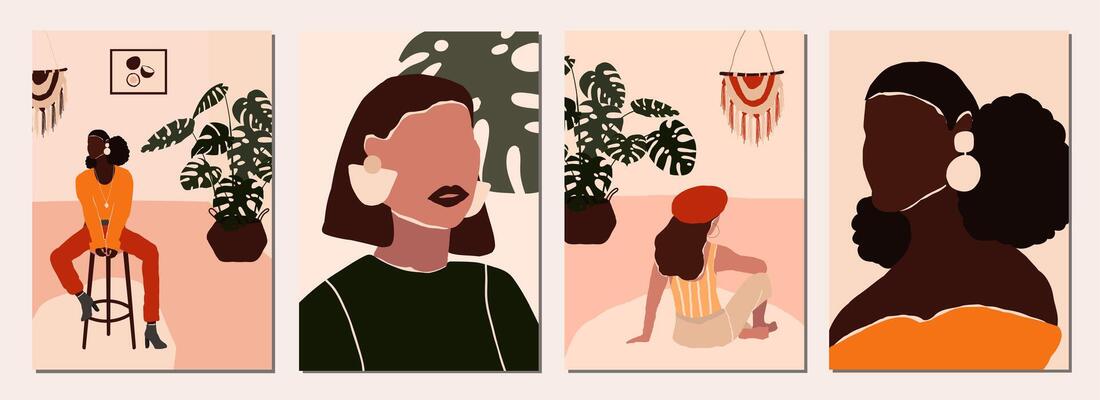 Set of abstract modern various woman people faces portraits artistic trendy background templates