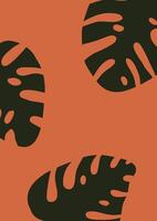 Abstract modern print with monstera leaves on orange background print vector