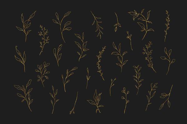 Botanical line art golden leaves hand drawn pencil sketches isolated