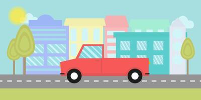 Road with one car and houses with trees in flat style vector